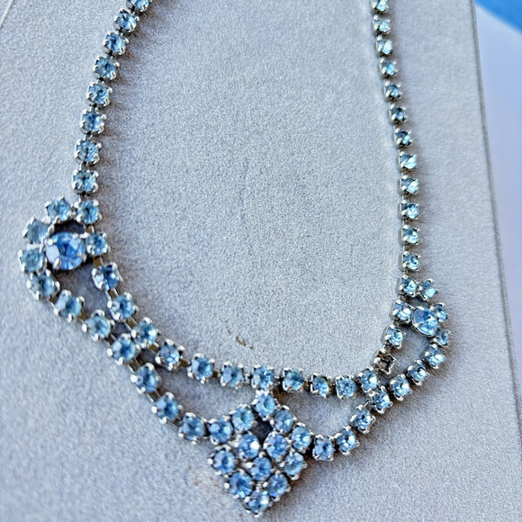 1950's Blue Rhinestone Mid Century Vintage Choker Necklace, Prom Formal Jewelry - Picture 7 of 12